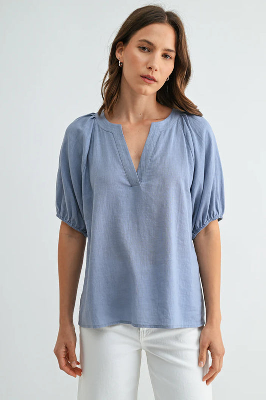 Linen Blend Pleated Raglan Top by Fun2Fun in Chambray