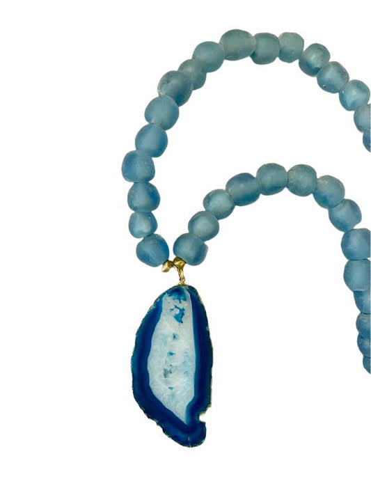 Agate Slice with Glass Beads Necklace by Virtue Jewelry Design in Blue