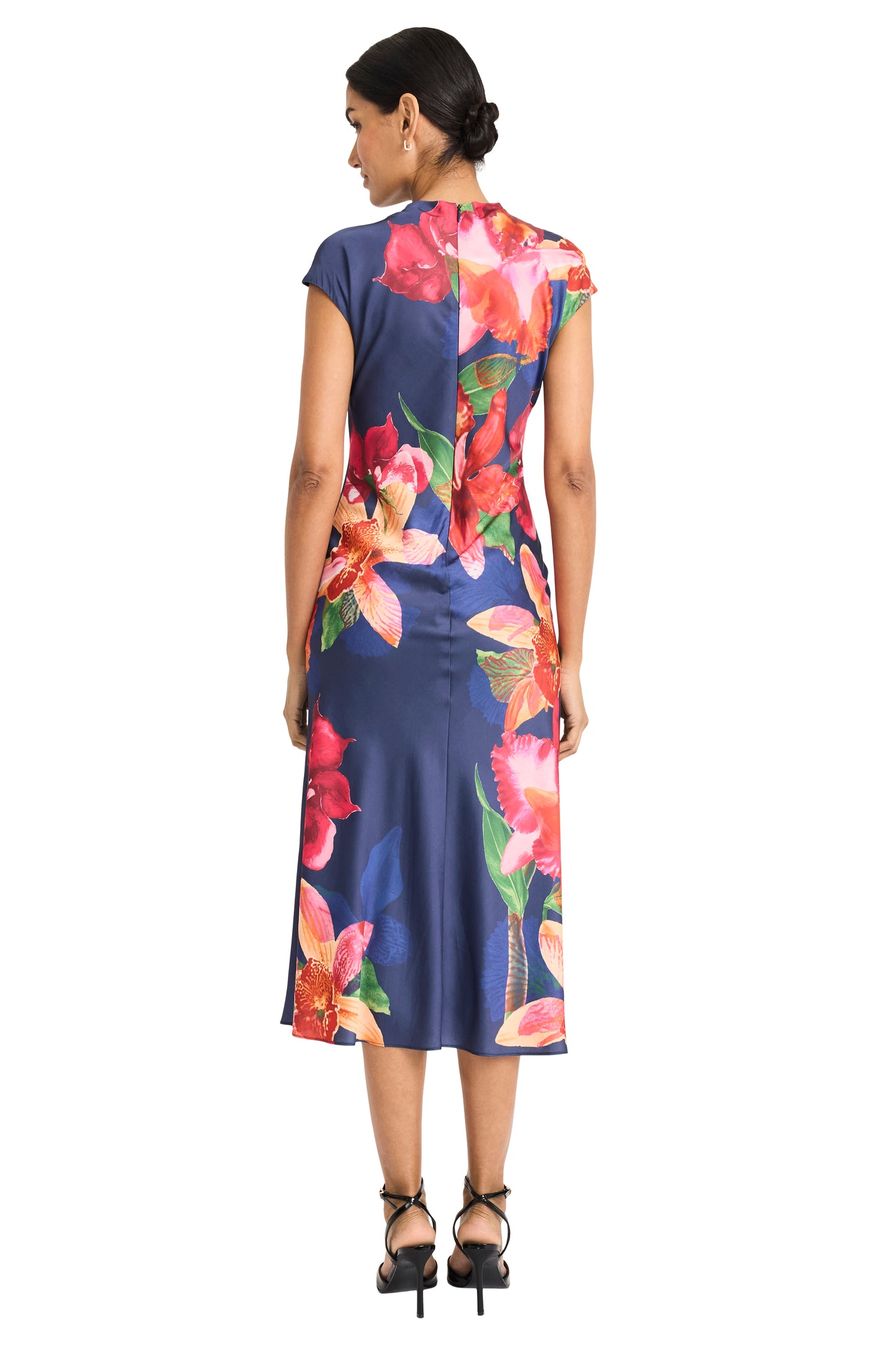 Mock Neck Cap Sleeve w/ Floral Placement Print by Maggy London in Navy/Rust