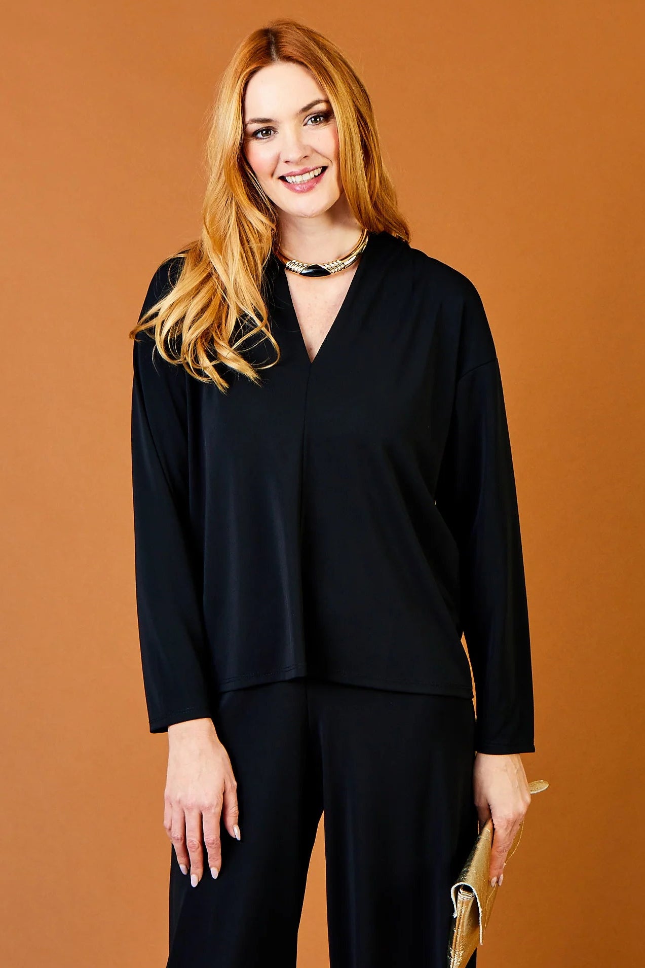 Gavina V-Neck Long Sleeve Top by Suzy D London in Black