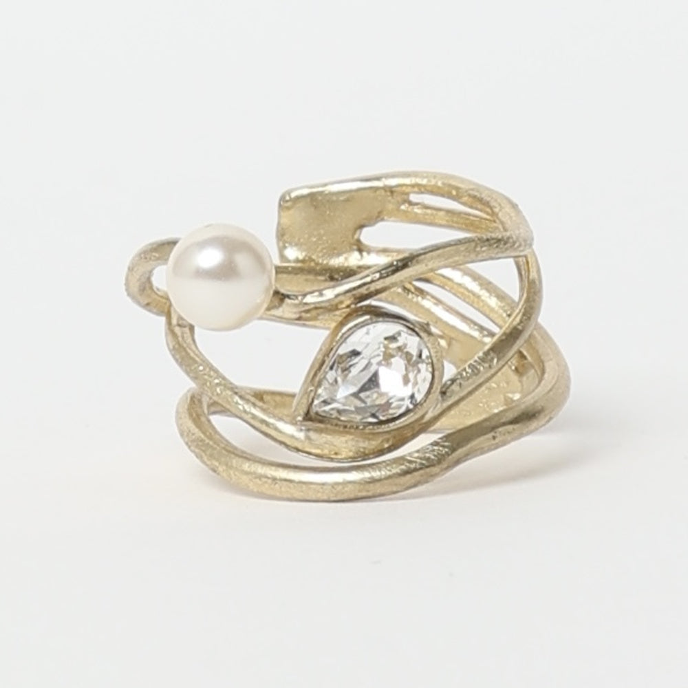 Gleam Swirly Ring by Kalliope Jewelry in Creamrose Light Pearl/White Crystal