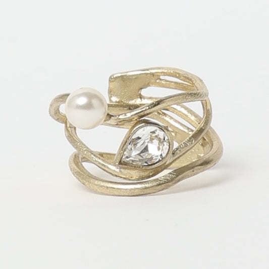 Gleam Swirly Ring by Kalliope Jewelry in Creamrose Light Pearl/White Crystal