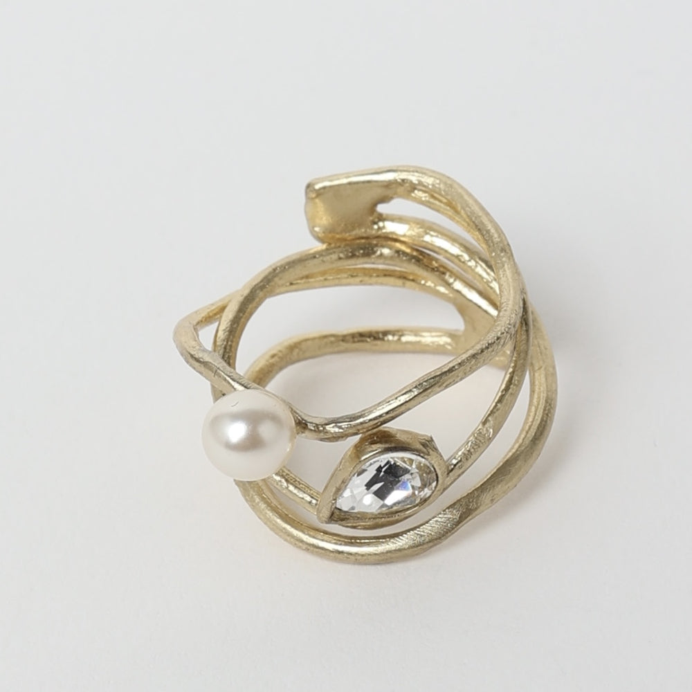 Gleam Swirly Ring by Kalliope Jewelry in Creamrose Light Pearl/White Crystal