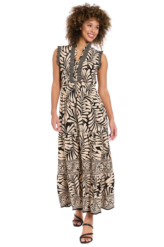 Consuela Sleeveless Maxi Dress by London Times Fashion in Black and Cream Leaf Print