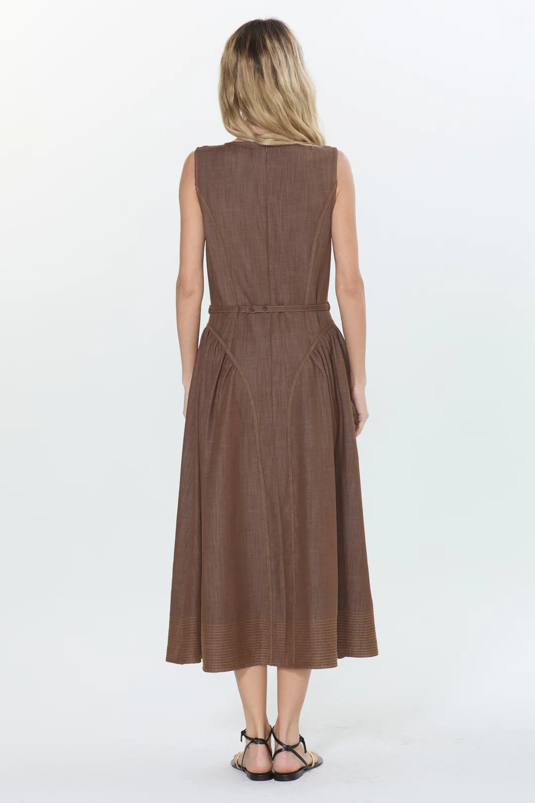 Bruni Topstitched Denim Effect Midi Dress by Ciebon in Brown