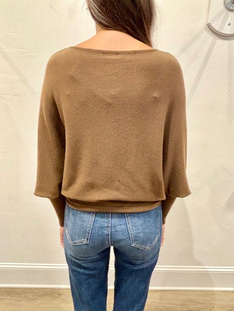 Lincoln Slash Neck Batwing Knit Sweater by Suzy D London in Dusty Brown