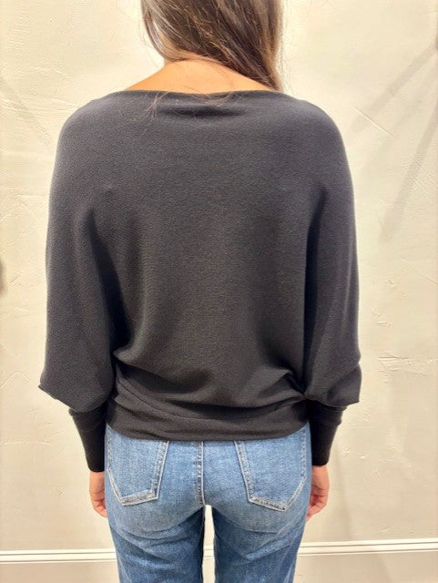 Lincoln Slash Neck Batwing Knit Sweater by Suzy D London in Jet Black