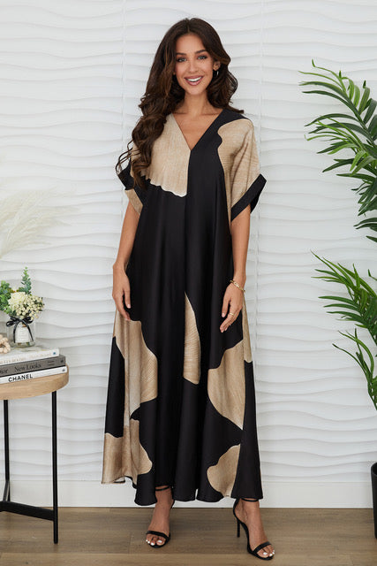 Gingko Print V Neck Kaftan Maxi Dress by Milio Milano in Black