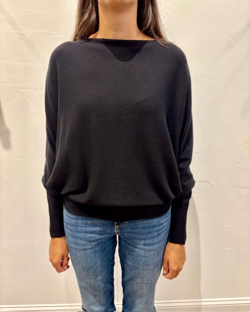 Lincoln Slash Neck Batwing Knit Sweater by Suzy D London in Jet Black