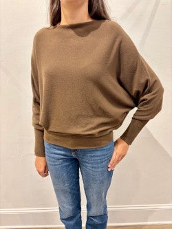 Lincoln Slash Neck Batwing Knit Sweater by Suzy D London in Dusty Brown