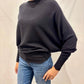 Lincoln Slash Neck Batwing Knit Sweater by Suzy D London in Jet Black