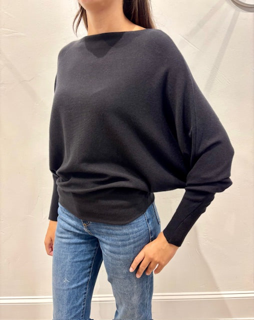 Lincoln Slash Neck Batwing Knit Sweater by Suzy D London in Jet Black