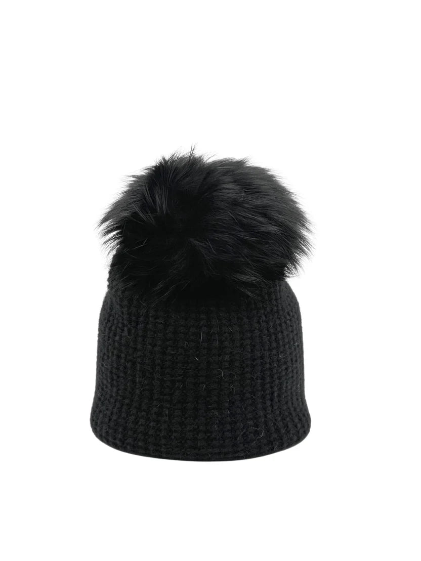 Angora Braided Slouch Hat with Fur Pom by Linda Richards in Black