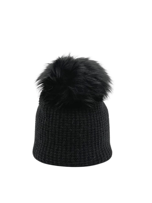 Angora Braided Slouch Hat with Fur Pom by Linda Richards in Black
