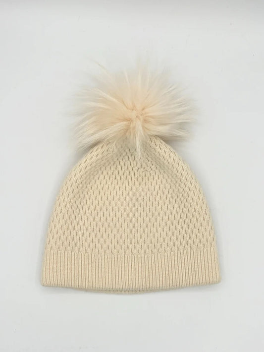 Angora Textured Slouch Hat with Fur Pom by Linda Richards in Cream
