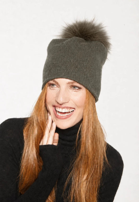 Angora Blend Slouch Hat with Fur Pom by Linda Richards in Olive Green