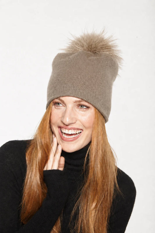Angora Blend Slouch Hat with Fur Pom by Linda Richards in Taupe