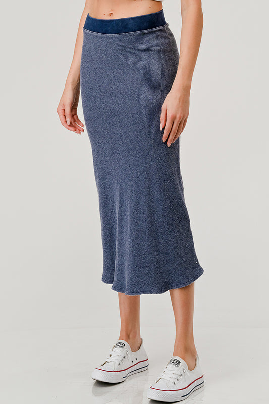 Ribbed Mineral Dyed Midi Skirt by Hashtag in Indigo