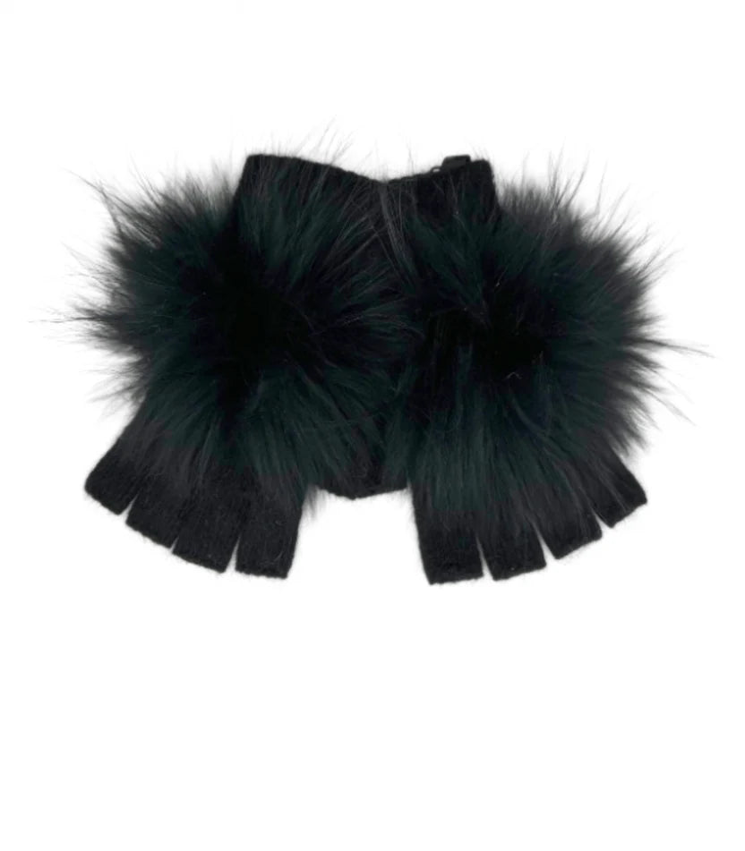 Angora Wool Blend Handwarmers with fur pom by Linda Richards in Black