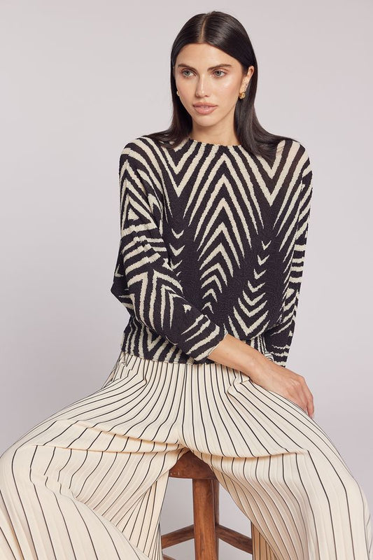 Lisa Chevron Print Top by Wild Cosmos in Black / Vanilla