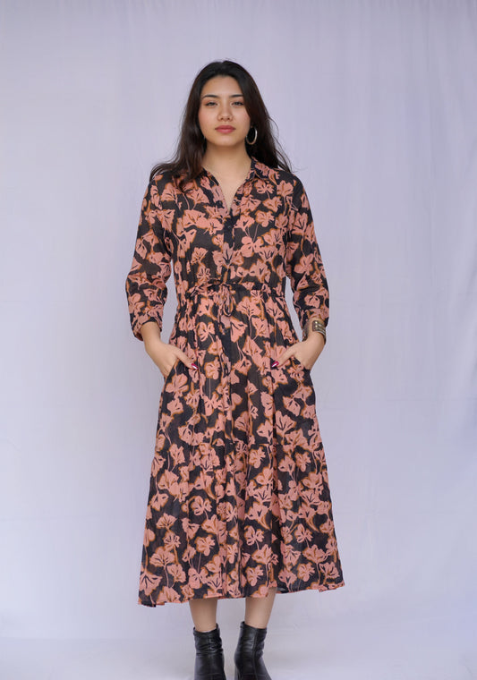 Osaka Flower Print Dress by Dolma in Pink and Black