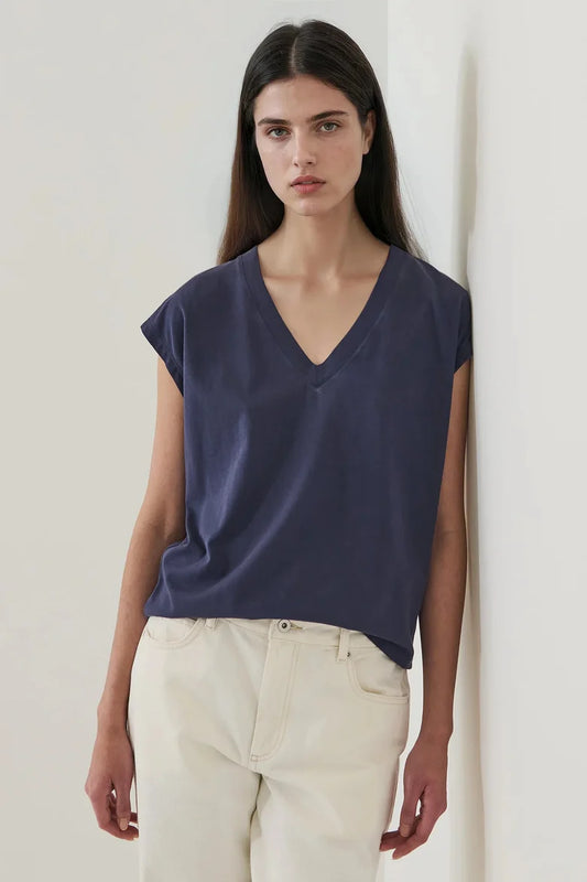 Short Sleeve Iconic Sublime V-Neck Dolman Tee by Patrick Assaraf in Mood Indigo