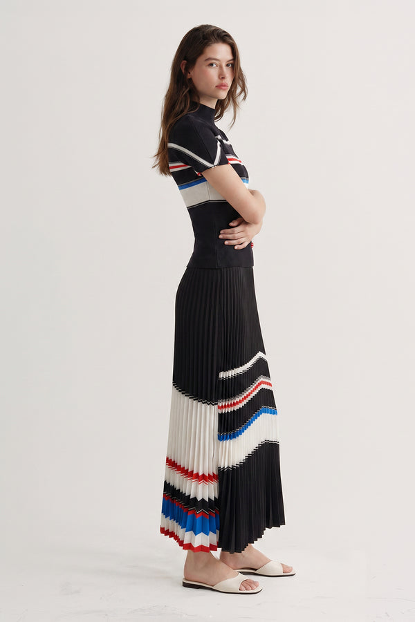 Peggy Stripe Pleated Skirt by Wild Cosmos in Black Mix