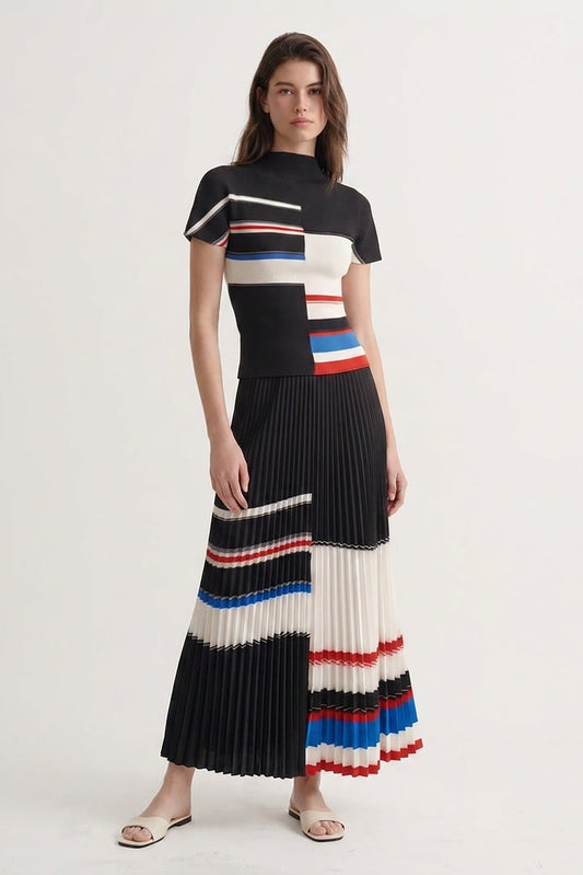 Peggy Stripe Pleated Skirt by Wild Cosmos in Black Mix