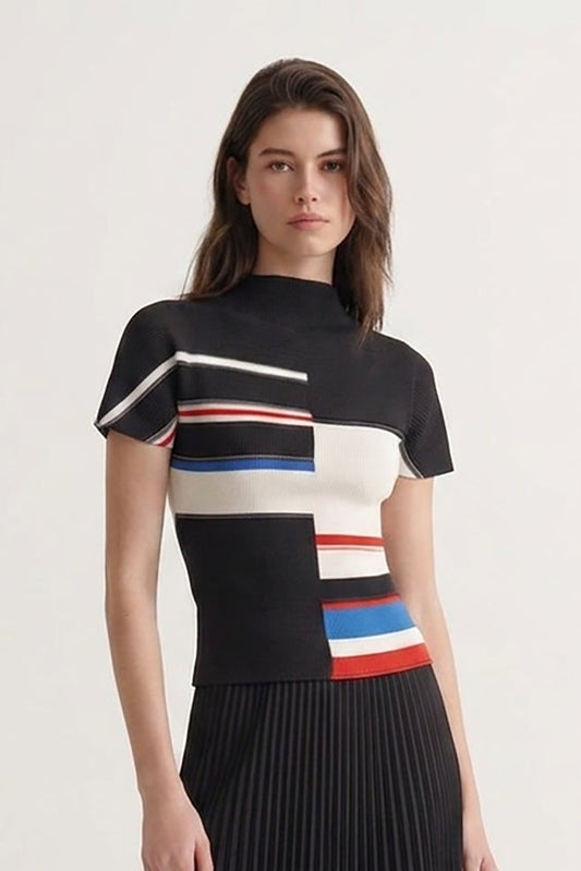 Peggy Stripe 3D Honeycomb Texture Top by Wild Cosmos in Black Mix
