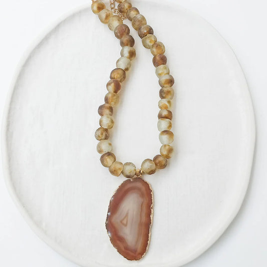 Agate Slice with Glass Beads Necklace by Virtue Jewelry Design