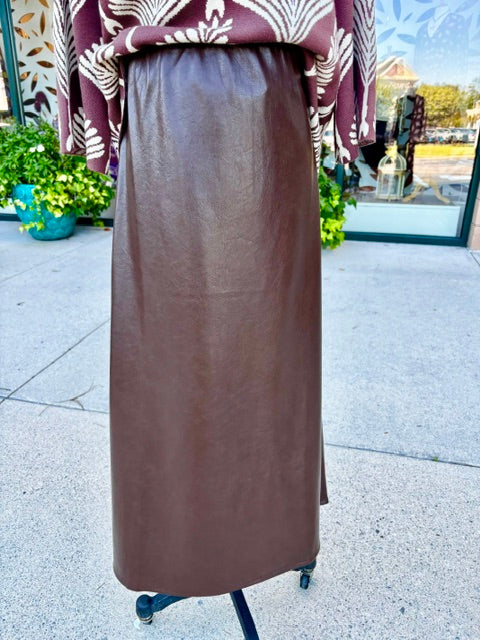 Soft Flare Vegan Leather Pull-On Midi Skirt by elle grey in Chocolate