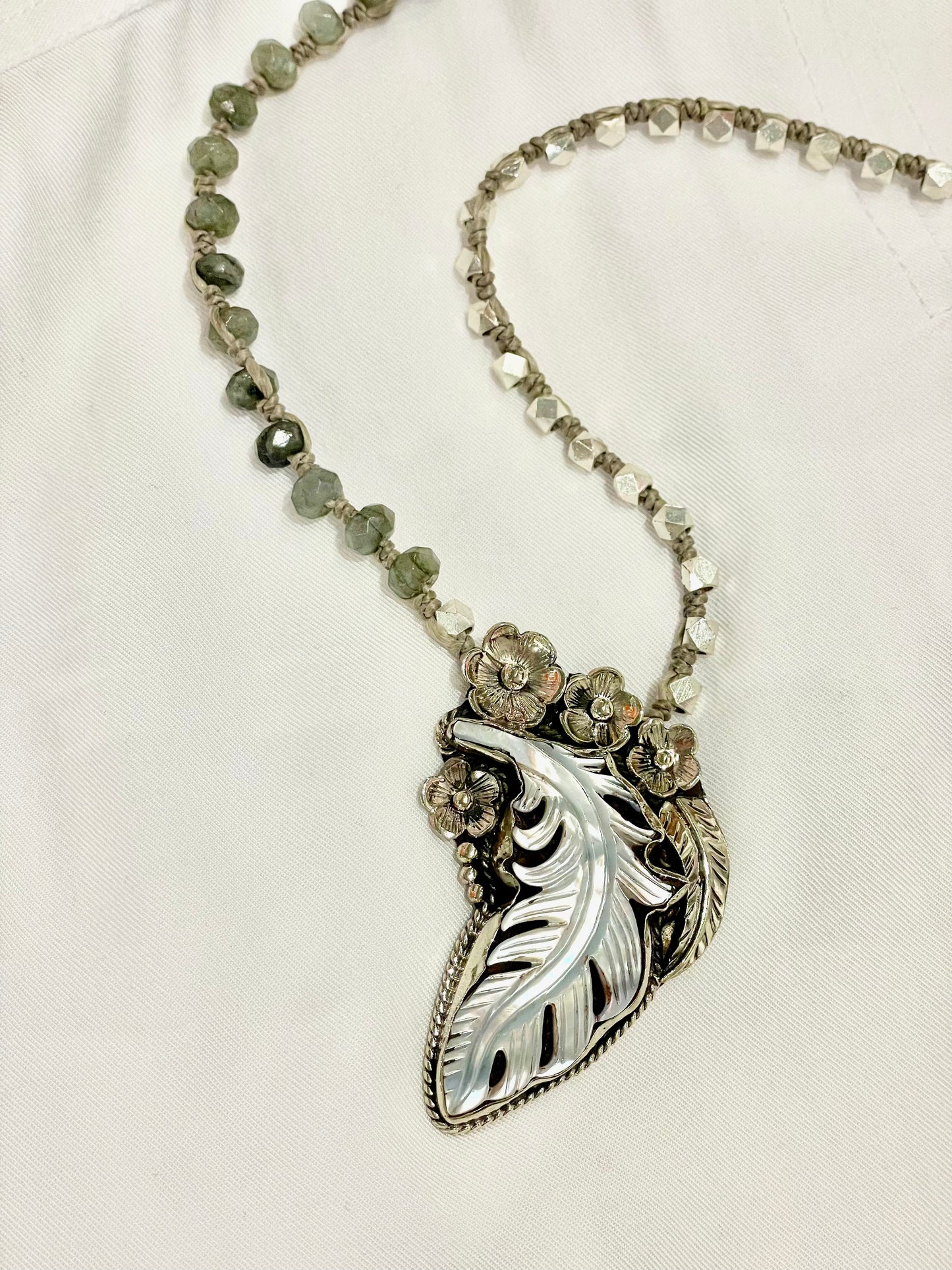 Mother of Pearl in Silver Feather Pendant with Labradorite and Silver Tone Beads by Paula Carvalho