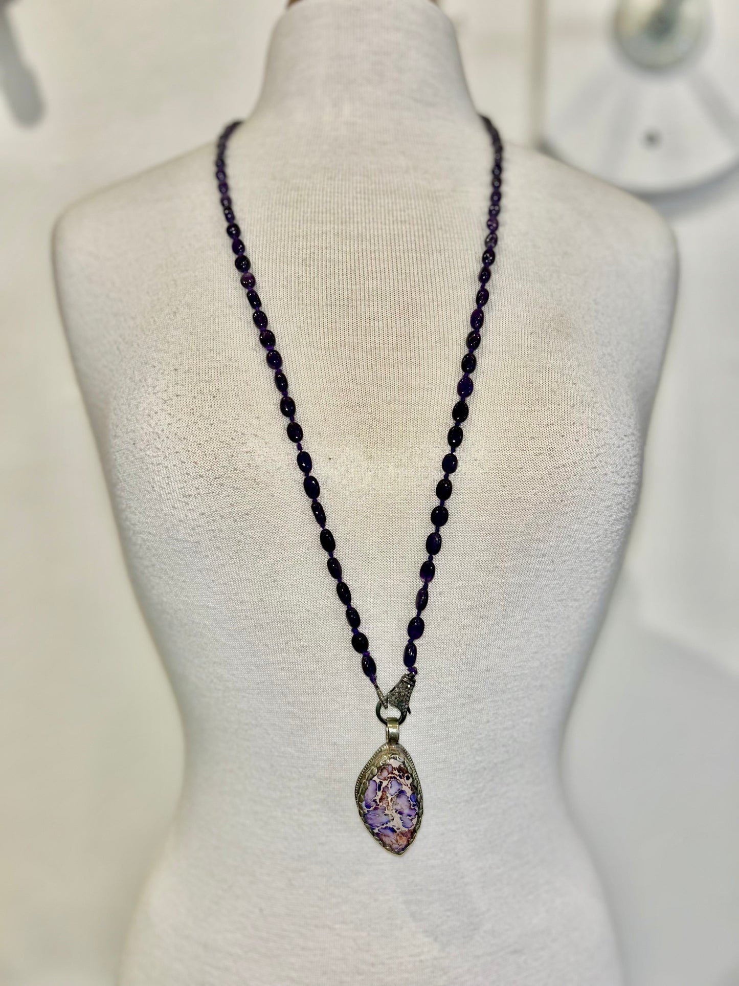 Purple Agate Pendant with Amethyst Strand and Pave Charm Holder Clasp by Paula Carvalho Designs