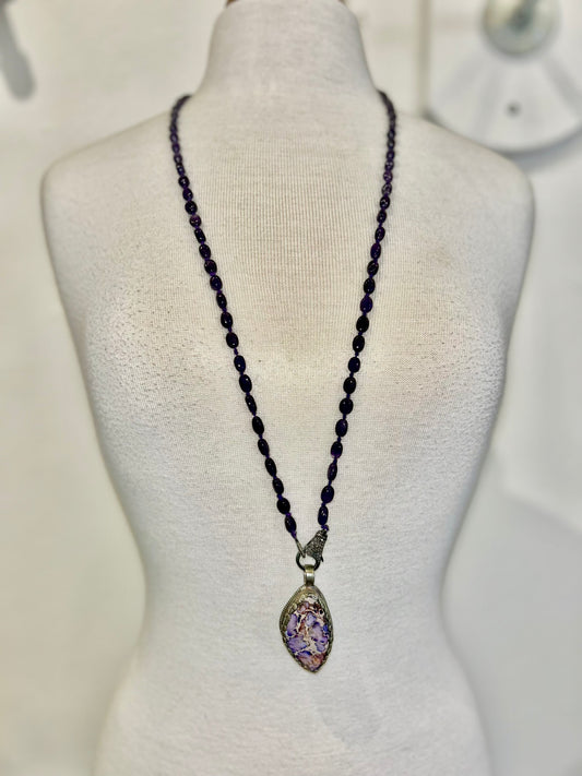 Purple Agate Pendant with Amethyst Strand and Pave Charm Holder Clasp by Paula Carvalho Designs