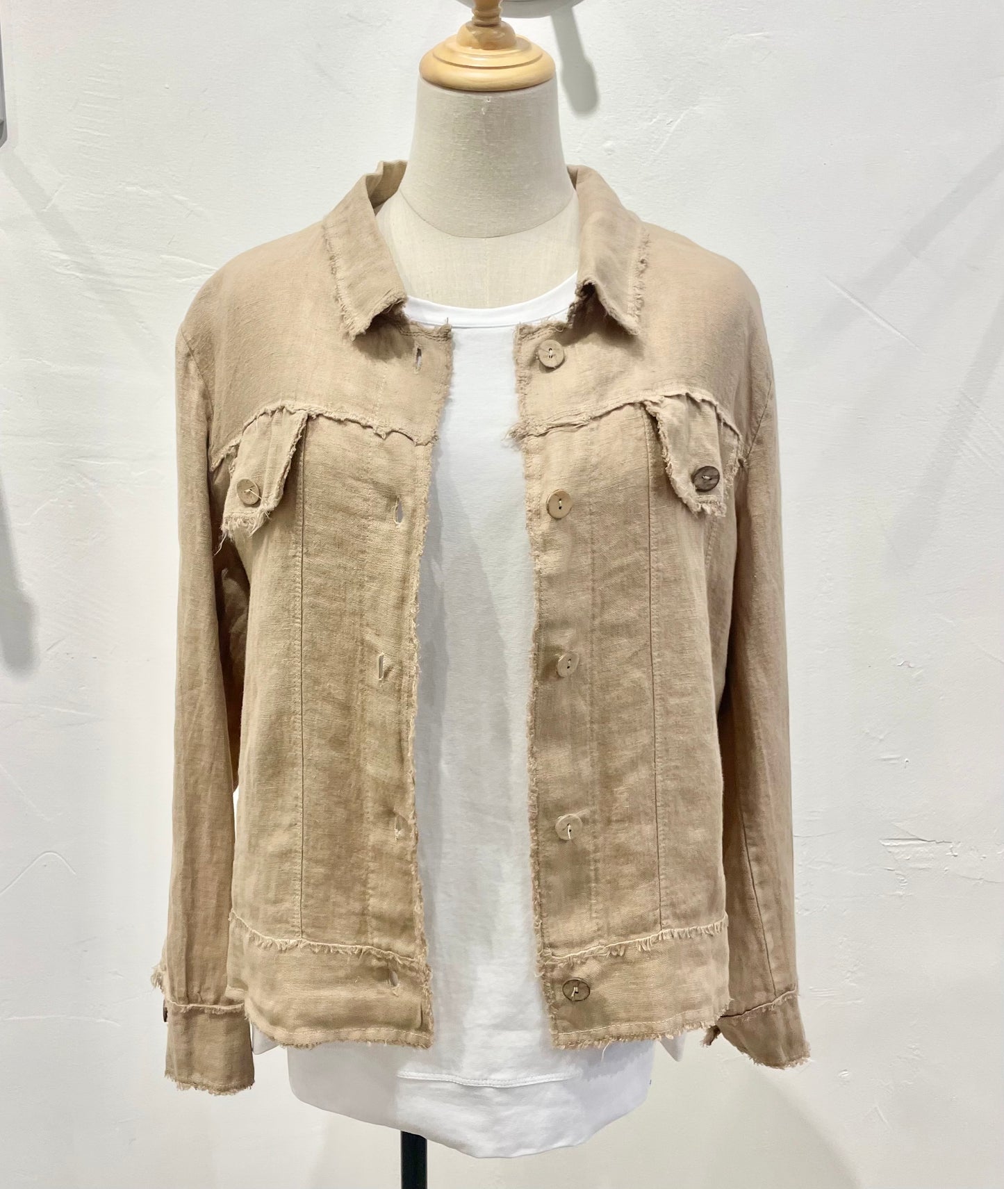 Fringe Hem Button Down Jacket by Milio Milano in Earth Beige