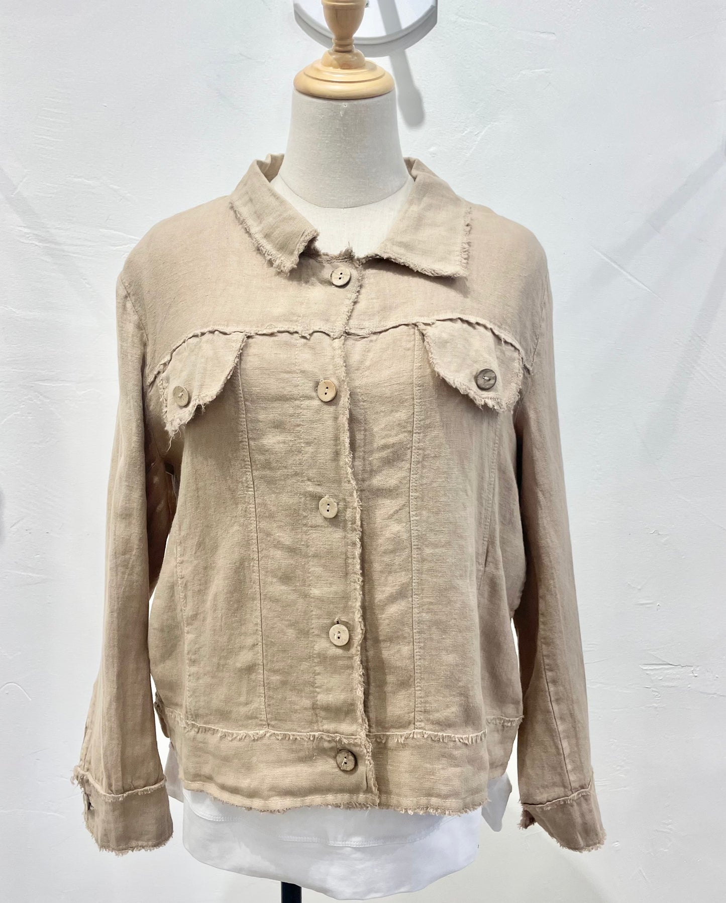 Fringe Hem Button Down Jacket by Milio Milano in Earth Beige