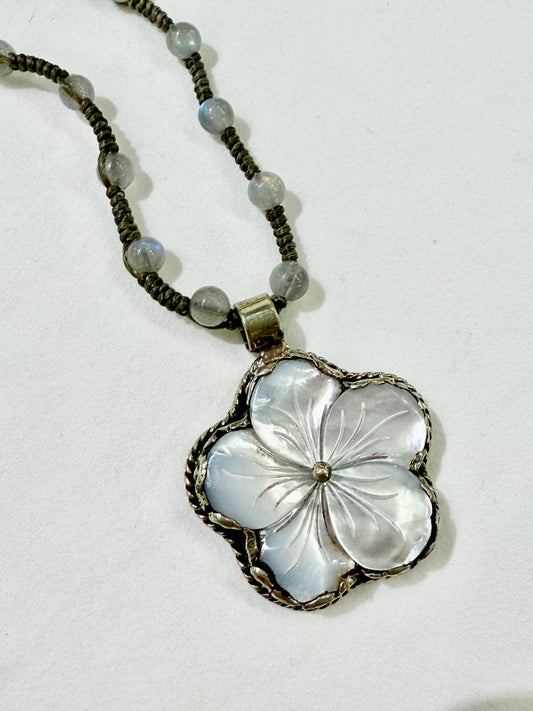 Mother Of Pearl flower in Tibetan Silver W/ Labradorite Strand by Paula Carvalho