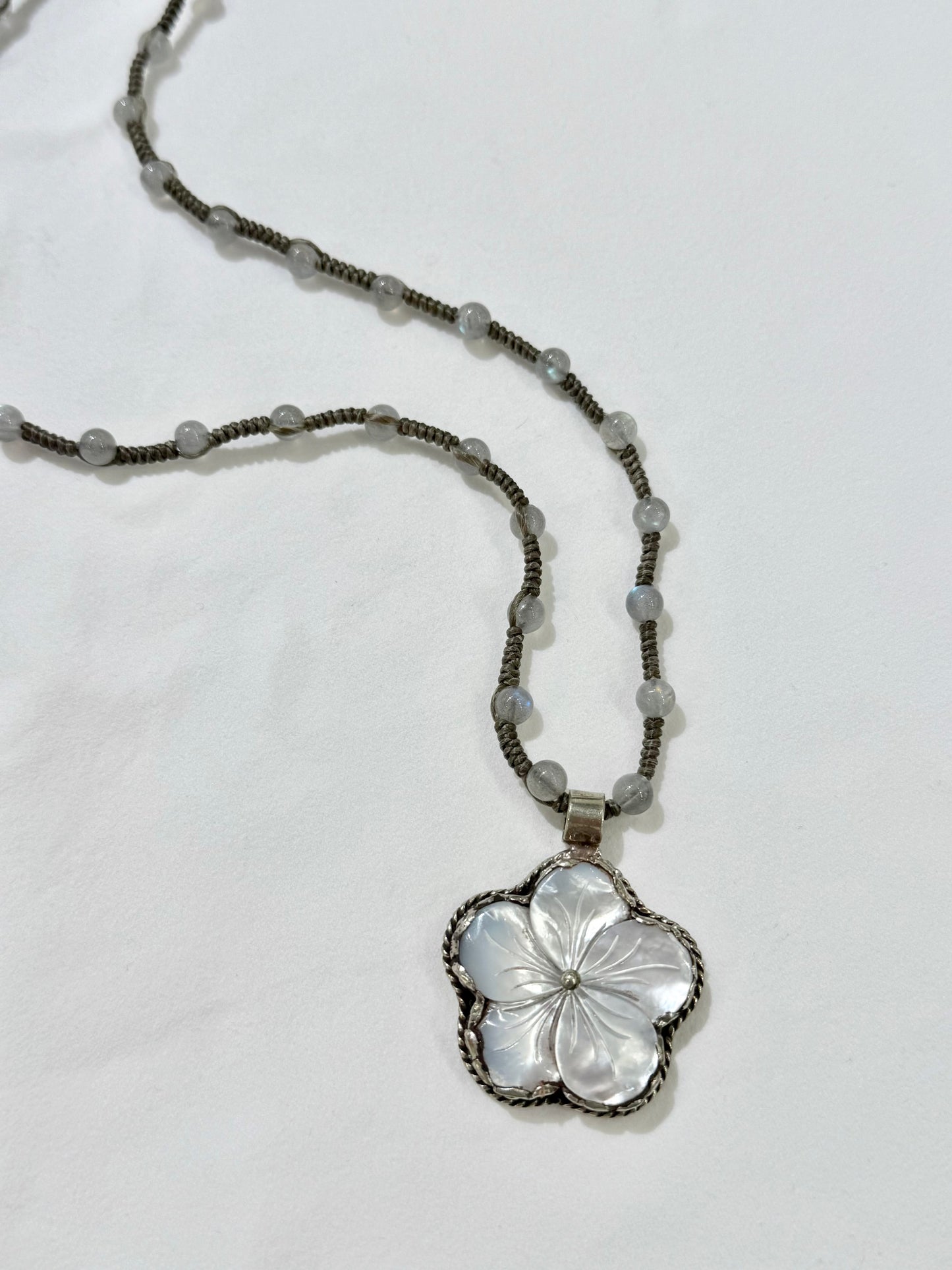 Mother Of Pearl flower in Tibetan Silver W/ Labradorite Strand by Paula Carvalho