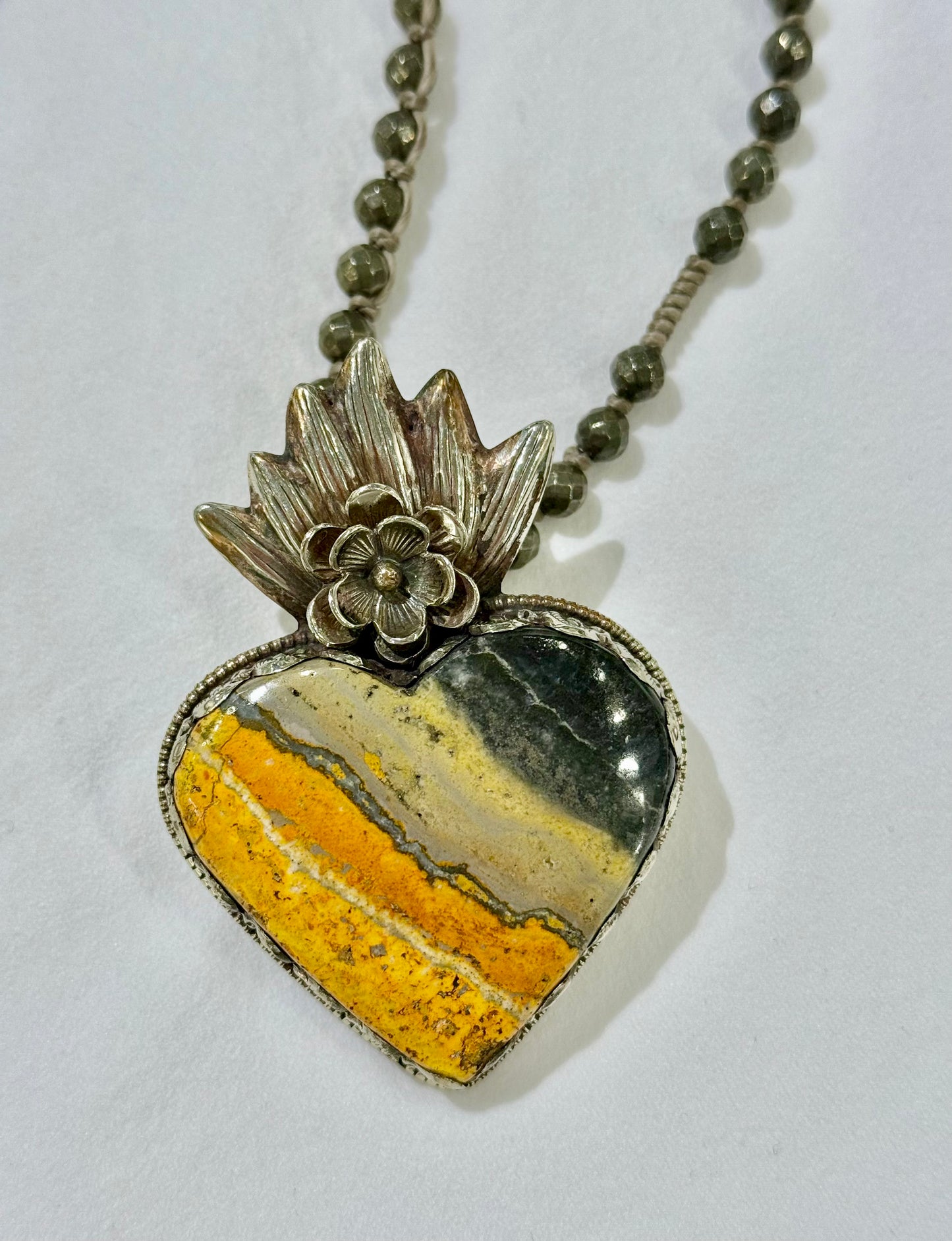 Bumble Bee Jasper Heart in Tibetan Silver W/ Pyrite Strand by Paula Carvalho