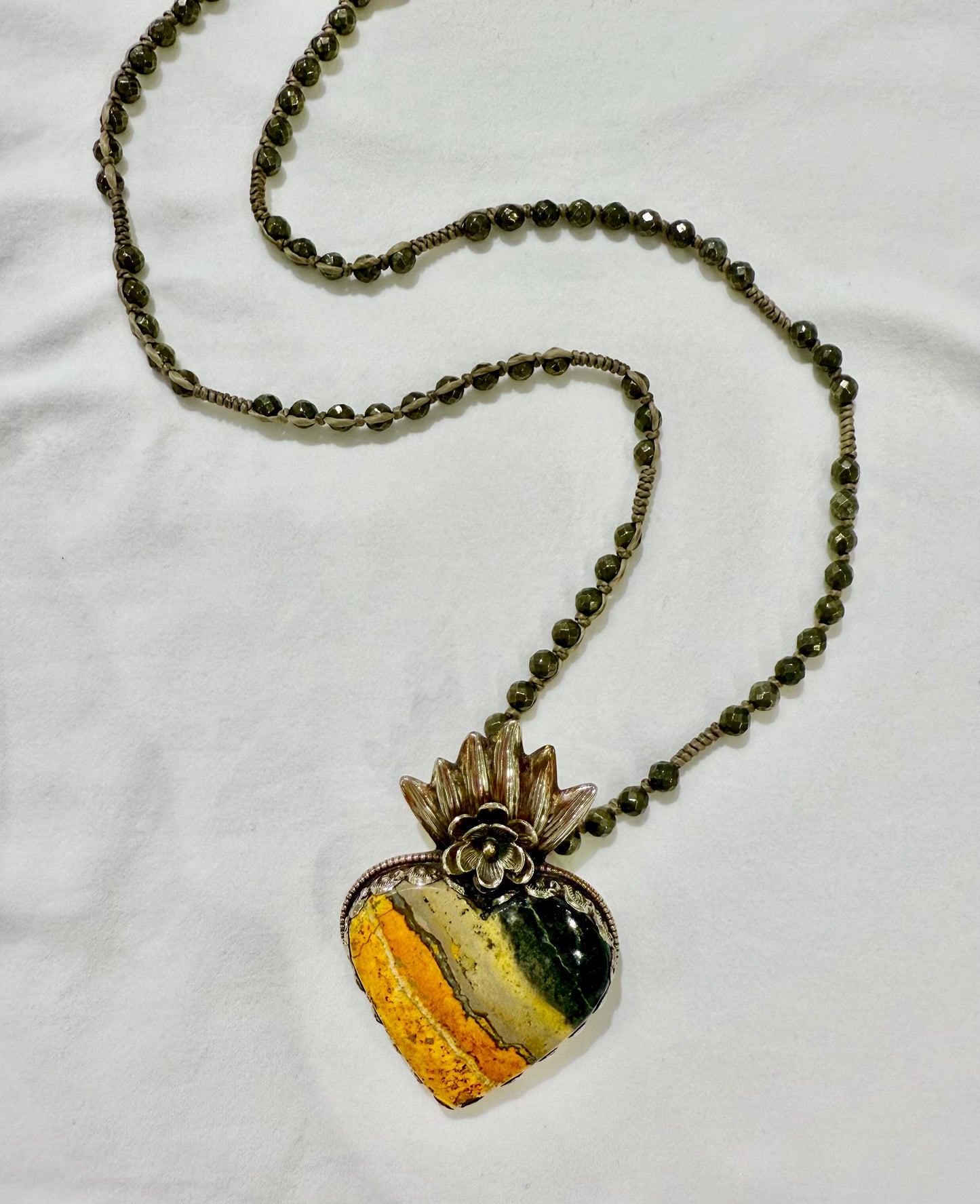 Bumble Bee Jasper Heart in Tibetan Silver W/ Pyrite Strand by Paula Carvalho