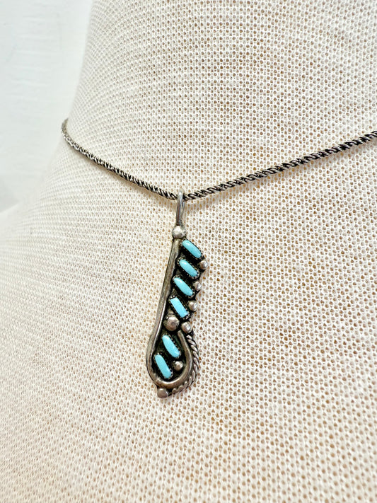 Vintage Turquoise & Sterling Silver Pendant W Sterling Silver Chain by Alzuni