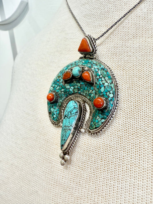 Vintage Tibetan Turquoise & Coral Pendant Necklace by Everything Tibetan