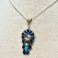 Zuni Handmade Lapis, Coral, Turquoise, Mother of Pearl Pendant on Sterling Silver Chain by Alzuni