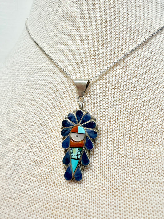 Zuni Handmade Lapis, Coral, Turquoise, Mother of Pearl Pendant on Sterling Silver Chain by Alzuni