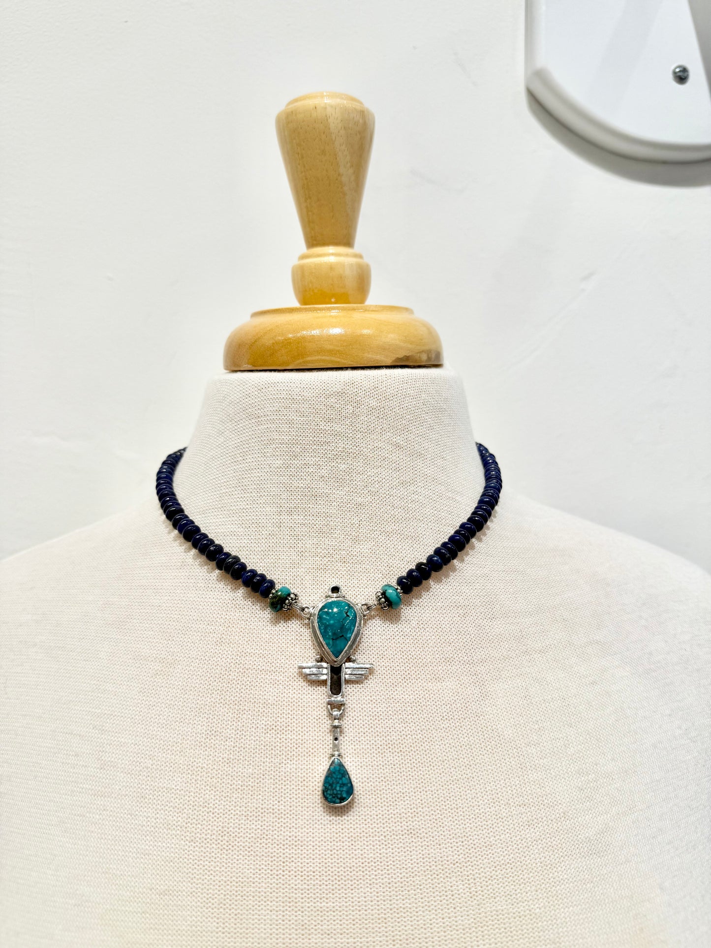 Egyptian Inspired Turquoise & Sterling Silver Pendant W/ Lapis Beaded Necklace by Fosilart