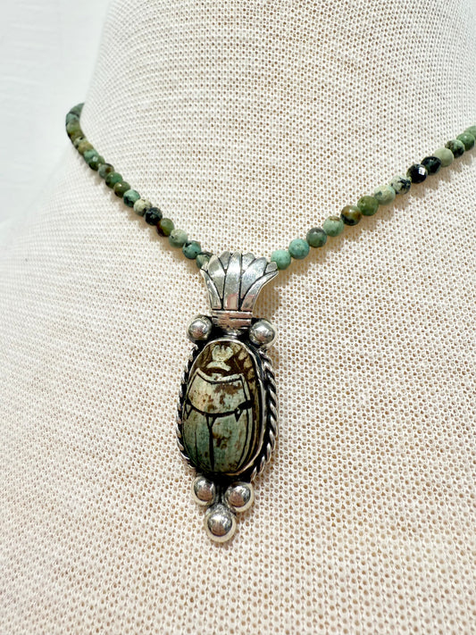 Scarab & Sterling Silver Pendant w/ Moss Agate Bead Strand Necklace by Elysium