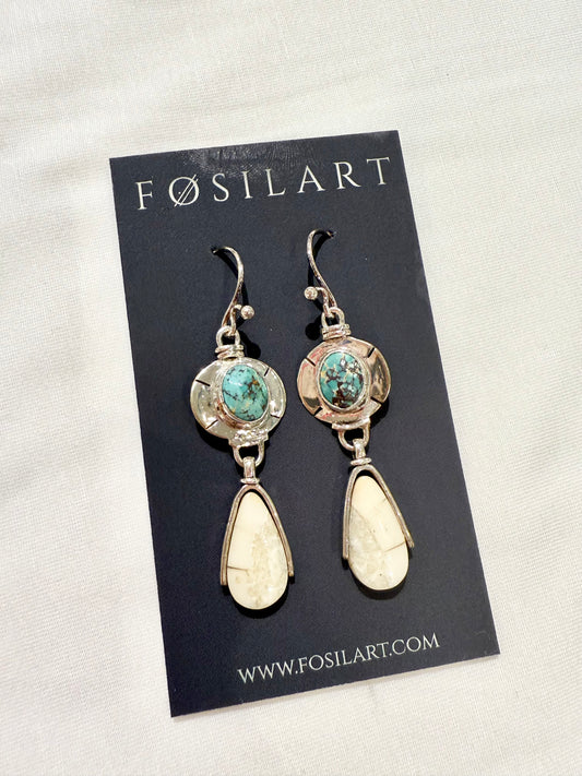 Native American Inspired Sterling Silver, Fossil Walrus Ivory & Turquoise Earrings by Fosilart