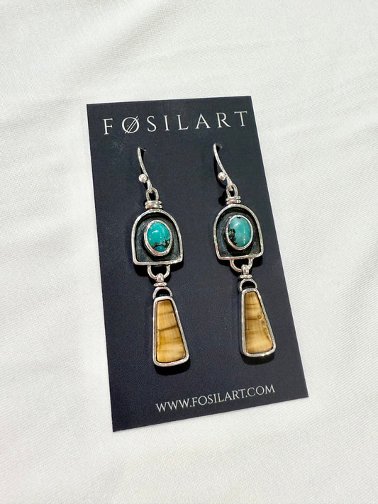 Deco Sterling Silver, Fossil Walrus Ivory & Turquoise Earrings by Fosilart