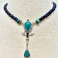 Egyptian Inspired Turquoise & Sterling Silver Pendant W/ Lapis Beaded Necklace by Fosilart