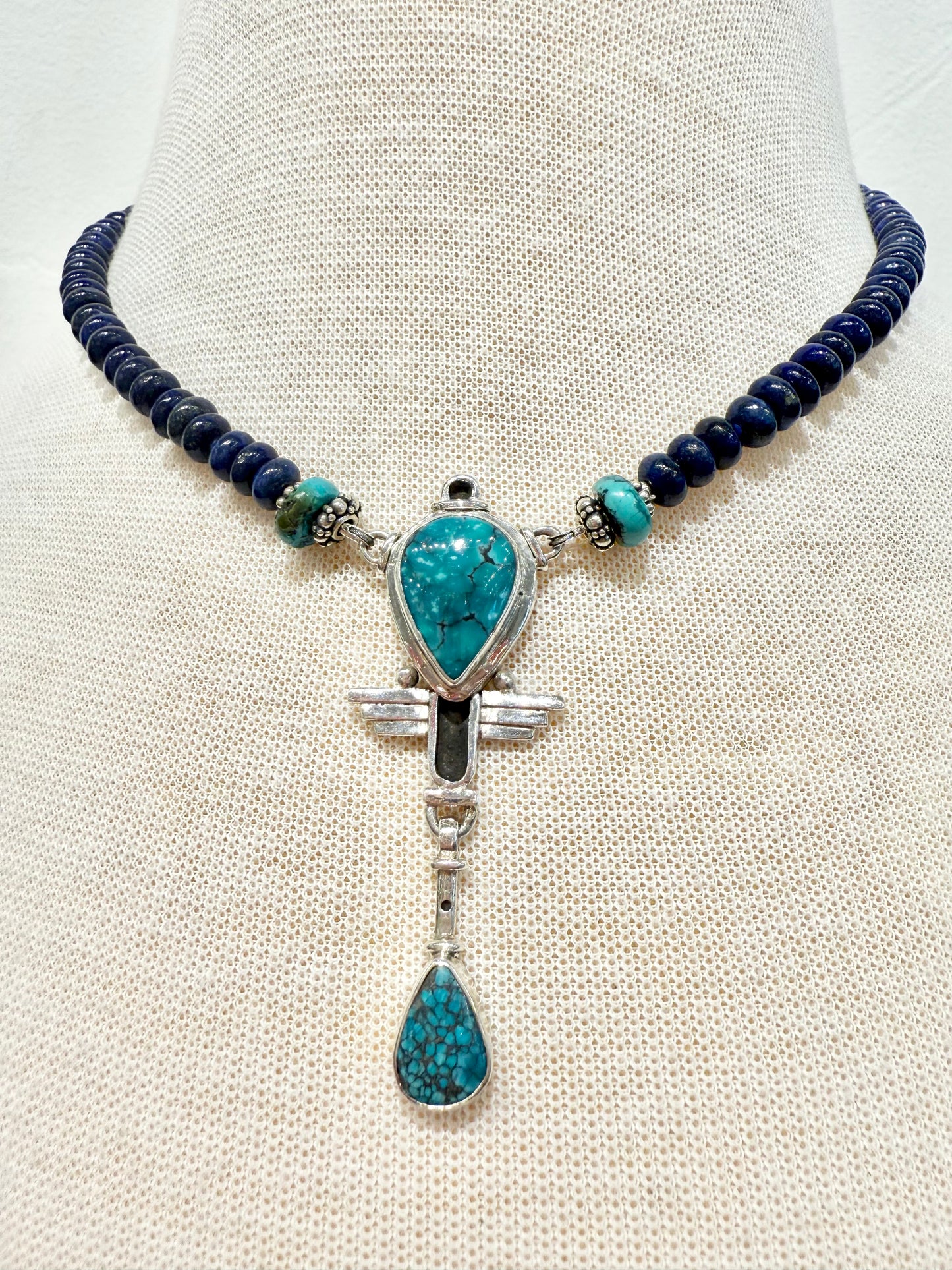 Egyptian Inspired Turquoise & Sterling Silver Pendant W/ Lapis Beaded Necklace by Fosilart